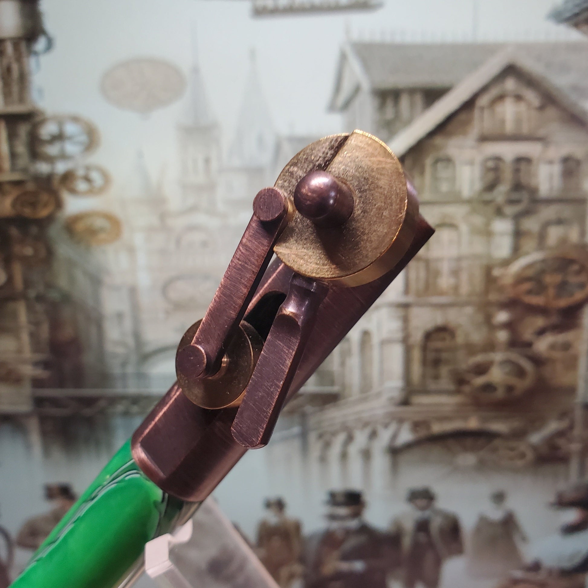 Closeup of mechanism at top of Steampunk Pen