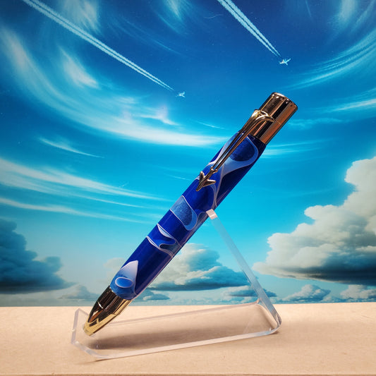Jetliner writing pen with a blue acrylic material and gold settings
