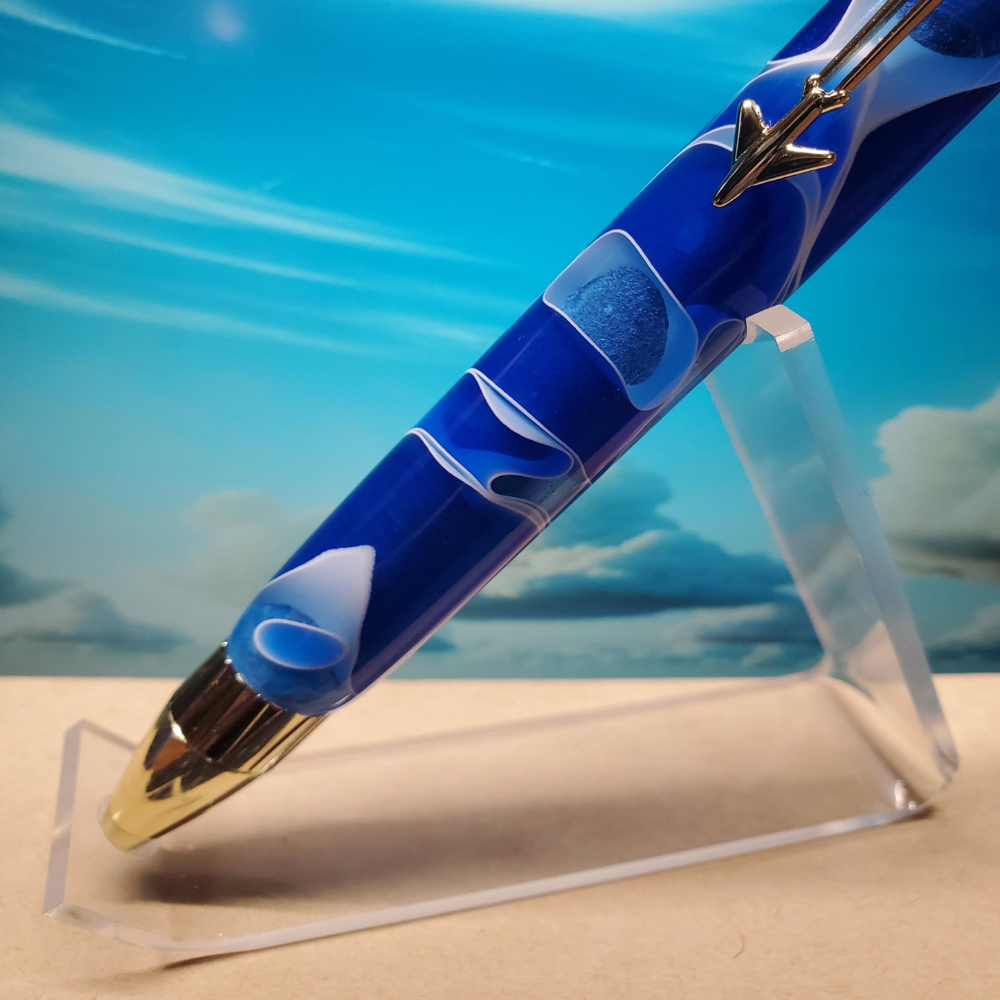 Close-up of the blue acrylic material for the jetliner writing pan