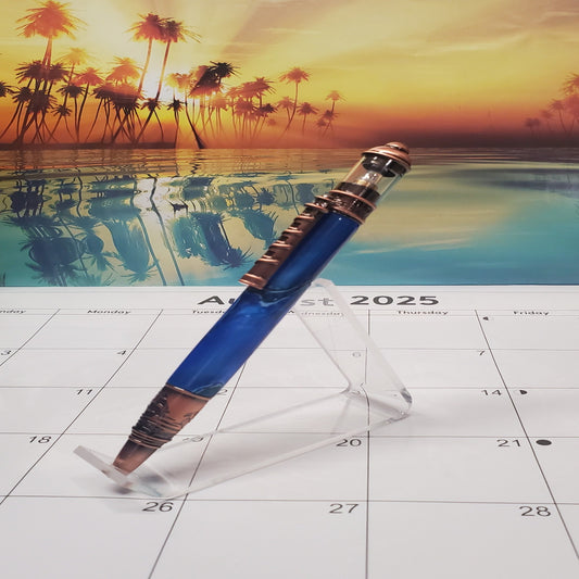 Lighthouse Writing Pen featuring blue acrylic material and antique brass elements